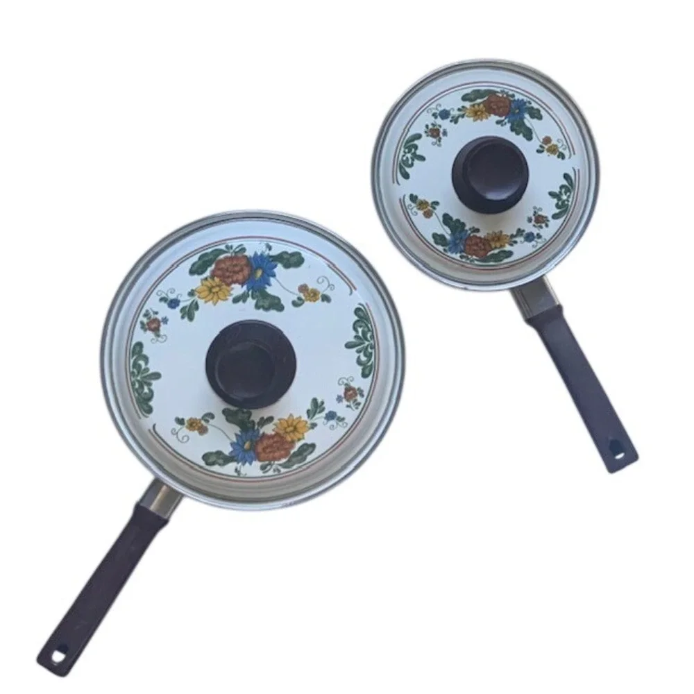 Vintage Floral Enamelware Saucepan Set w Lids Cottagecore Retro Kitchen